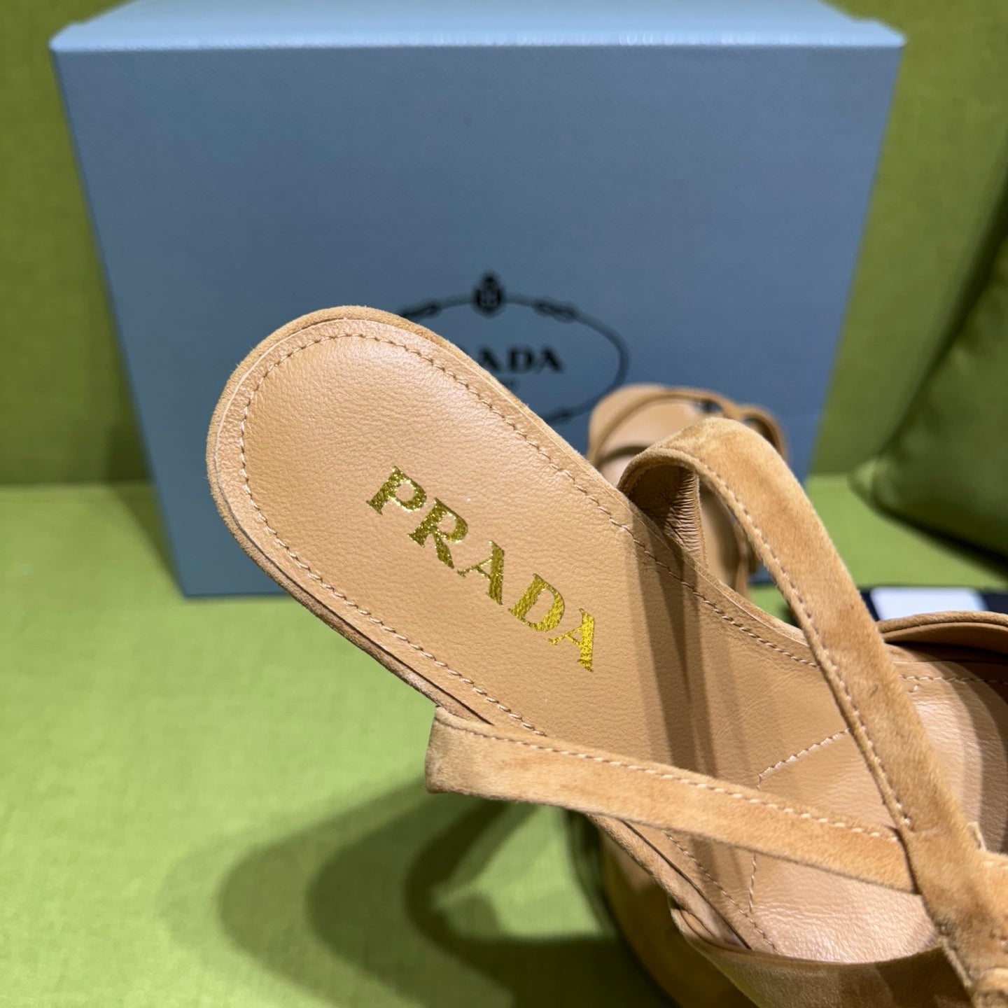 PRADA 25S HIGH-HEEL SANDALS 140 MM IN CARAMEL BROWN SUEDE STYLE 2