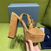 PRADA 25S HIGH-HEEL SANDALS 140 MM IN CARAMEL BROWN SUEDE STYLE 2