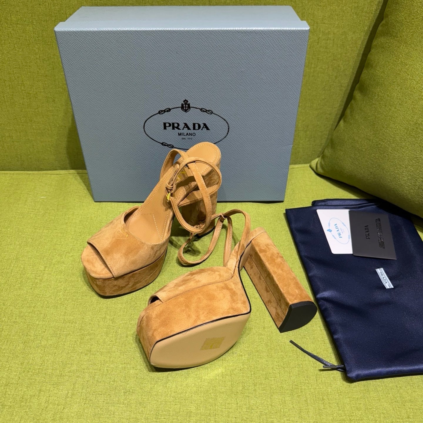 PRADA 25S HIGH-HEEL SANDALS 140 MM IN CARAMEL BROWN SUEDE STYLE 6