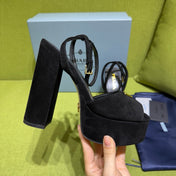 PRADA 25S HIGH-HEEL SANDALS 140 MM IN BLACK SUEDE STYLE 1