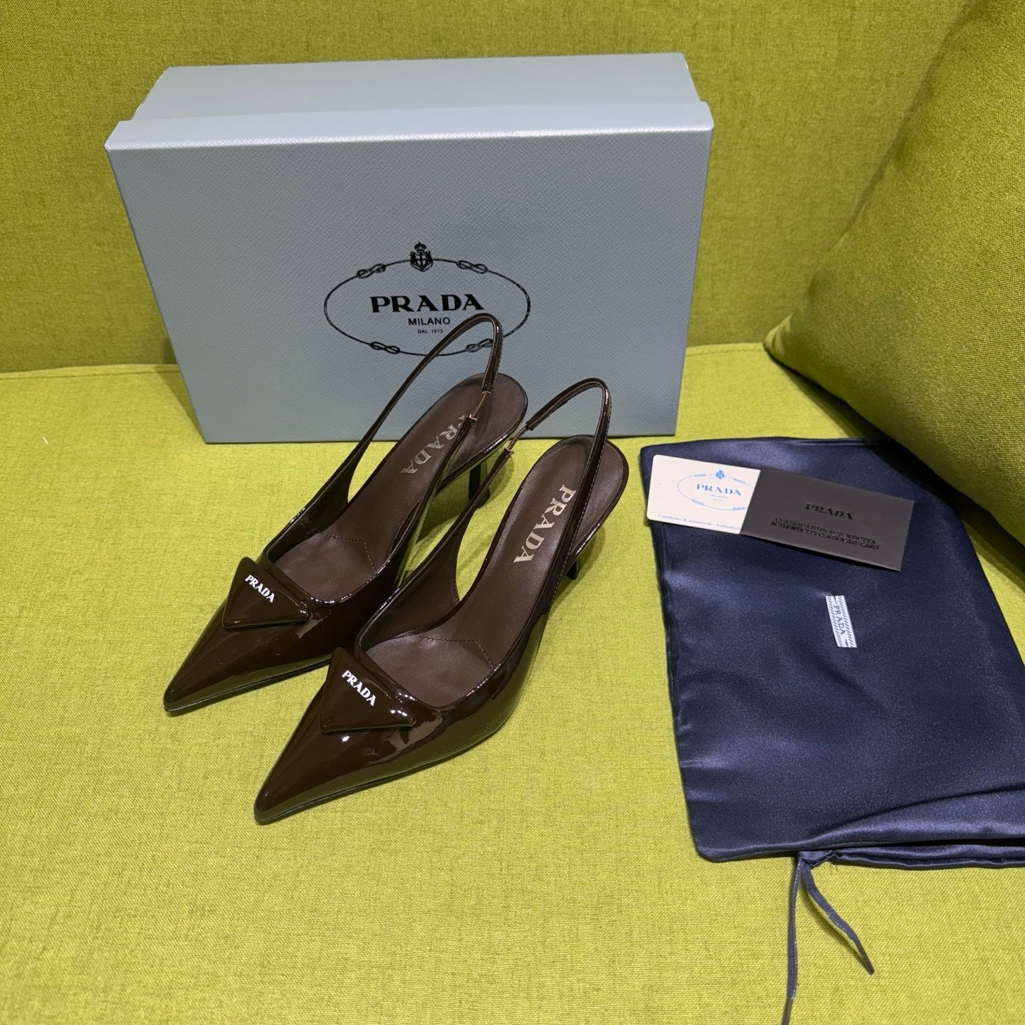 PRADA 25S SLINGBACK HIGH HEELS 75 MM IN DARK RED BROWN GLOSSY CALFSKIN