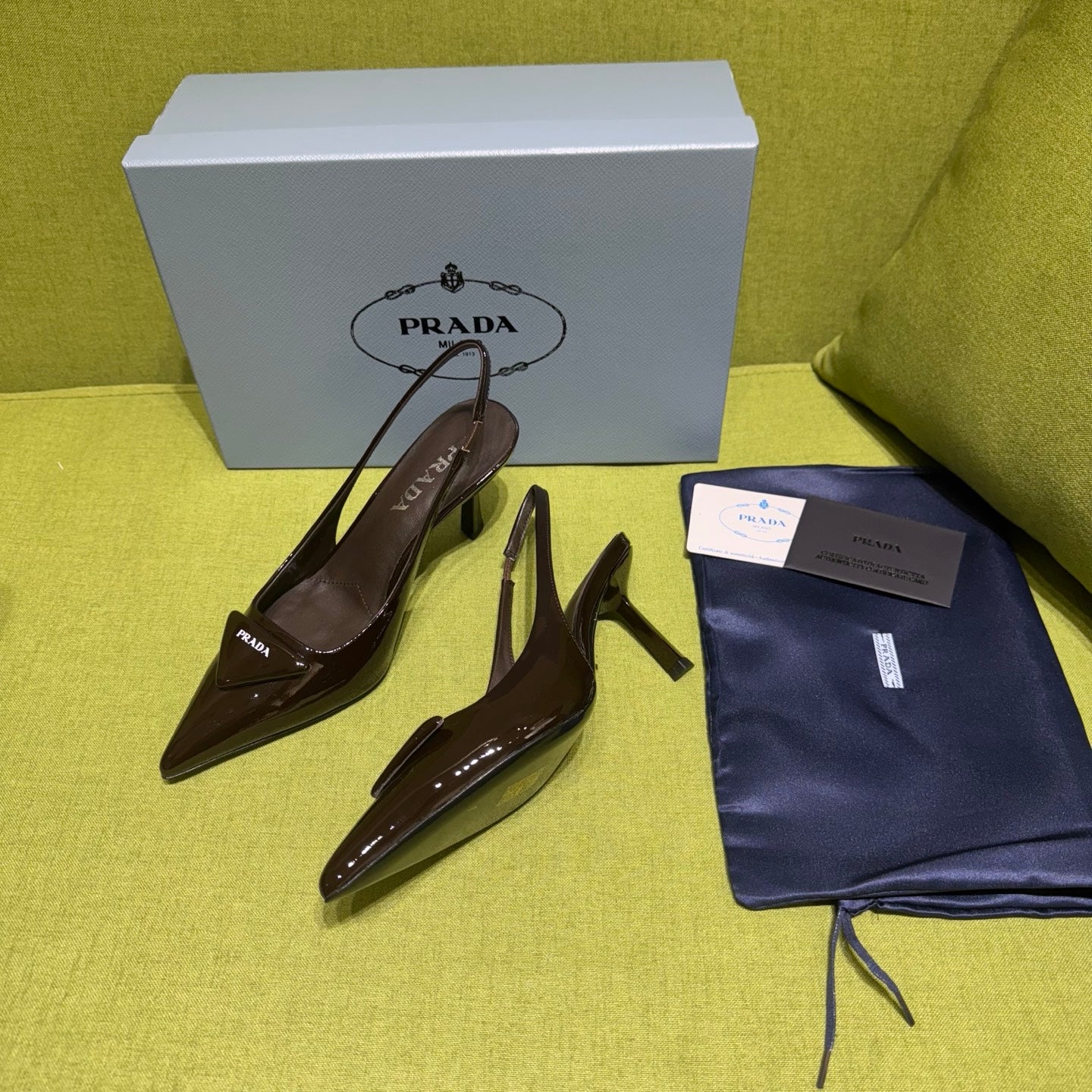 PRADA 25S SLINGBACK HIGH HEELS 75 MM IN DARK RED BROWN GLOSSY CALFSKIN