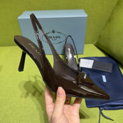PRADA 25S SLINGBACK HIGH HEELS 75 MM IN DARK RED BROWN GLOSSY CALFSKIN