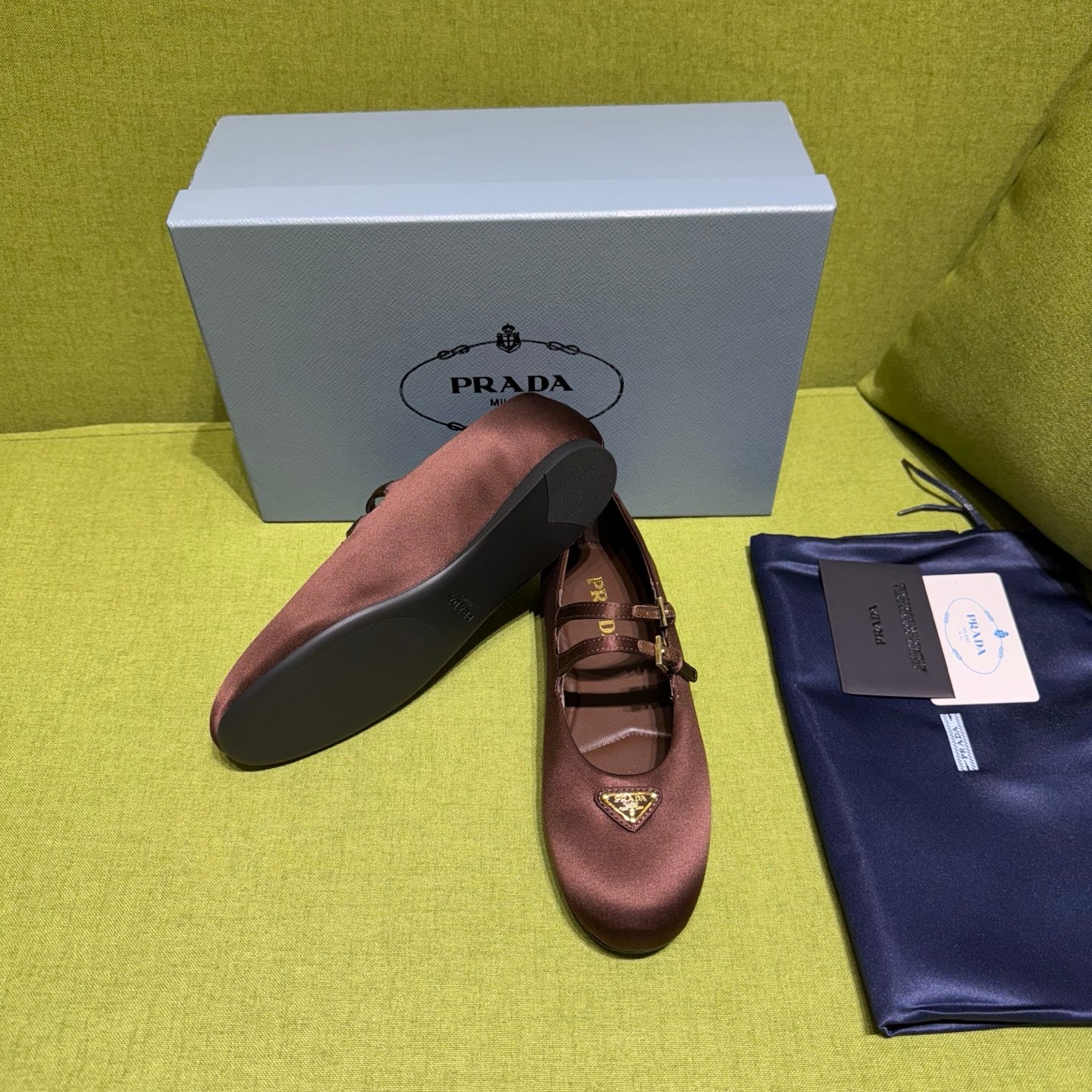 PRADA 25S MARY JANE BALLET FLATS IN DEEP BURGUNDY BROWN SATIN