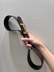 HM TRAVERSE BELT BUCKLE & REVERSIBLE CHOCOLATE BROWN AND BLACK LEATHER STRAP 38 MM GOLD HARDWARE