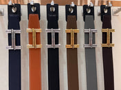 HM TRAVERSE BELT BUCKLE & REVERSIBLE COFFEE BROWN AND BLACK LEATHER STRAP 38 MM GOLD HARDWARE