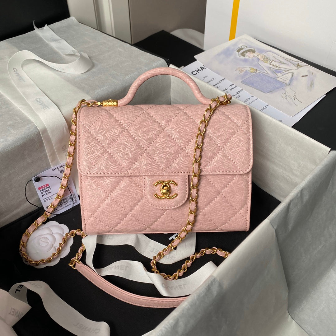 CHANEL 25S FLAP BAG 21 CM IN LIGHT PINK GRAINED LAMBSKIN WITH TOP HANDLE