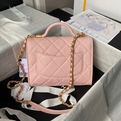 CHANEL 25S FLAP BAG 21 CM IN LIGHT PINK GRAINED LAMBSKIN WITH TOP HANDLE