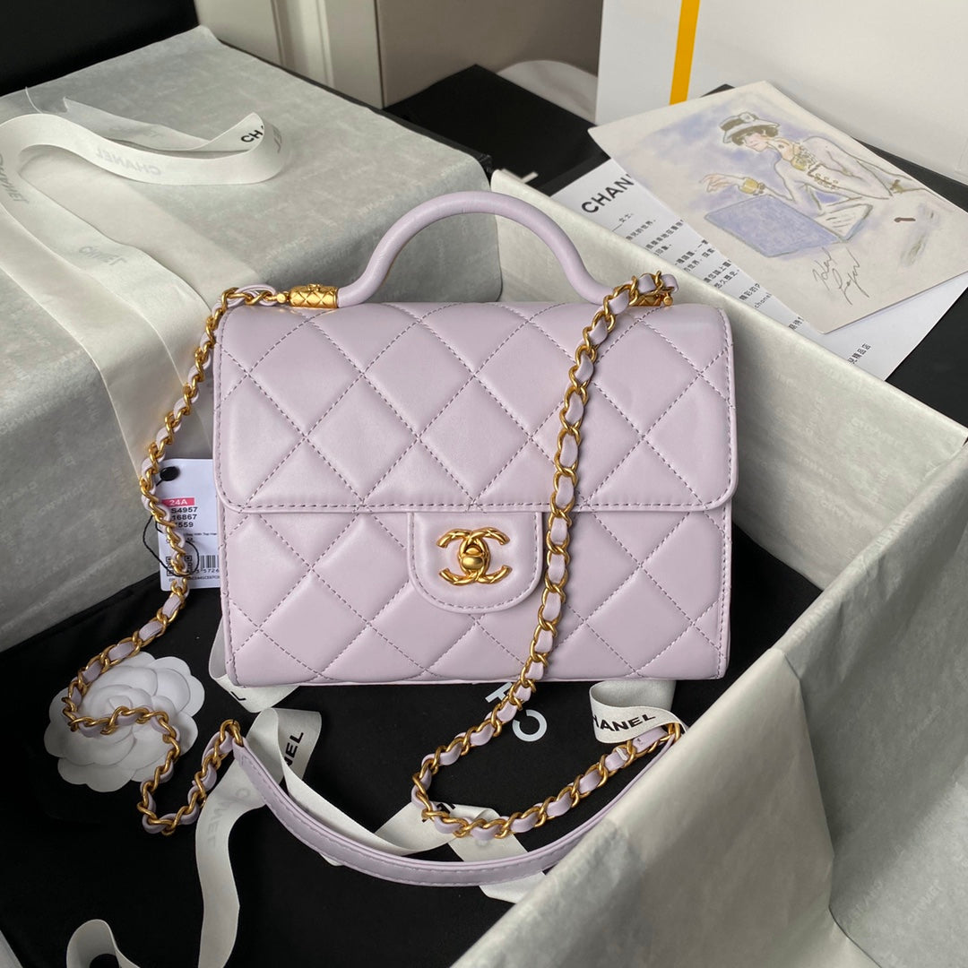 CHANEL 25S FLAP BAG 21 CM IN LIGHT PURPLE LAMBSKIN WITH TOP HANDLE