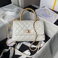 CHANEL 25S CLASSIC COCO HANDLE BAG 23 CM IN WHITE LAMBSKIN WITH GOLD HARDWARE