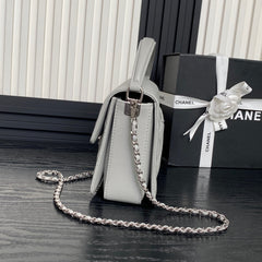 RETRO STYLE FLAP BAG 22 IN RHINO GRAY GRAINED CALFSKIN GOLD HARDWARE