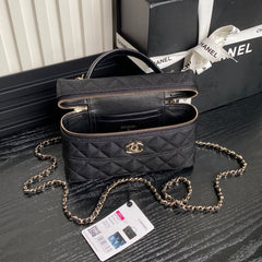 COSMETIC BAG 19 IN BLACK GRAINED CALFSKIN GOLD HARDWARE