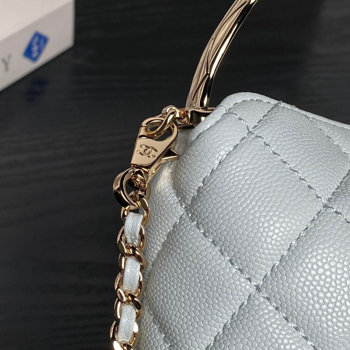 CHANEL 25S COCO CRUSH HANDLE BAG 19 IN LIGHT BLUE CAVIAR LEATHER