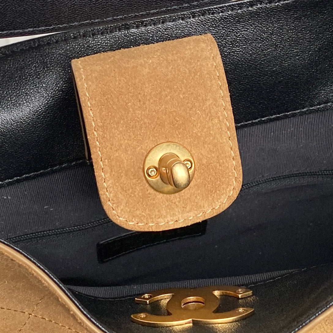 CHANEL 25S HOBO BAG 36 IN BROWN SUEDE AND BLACK CALFSKIN WITH GOLD HARDWARE