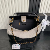 CHANEL 25S HOBO BAG 36 IN GREY SUEDE AND BLACK CALFSKIN WITH GOLD HARDWARE