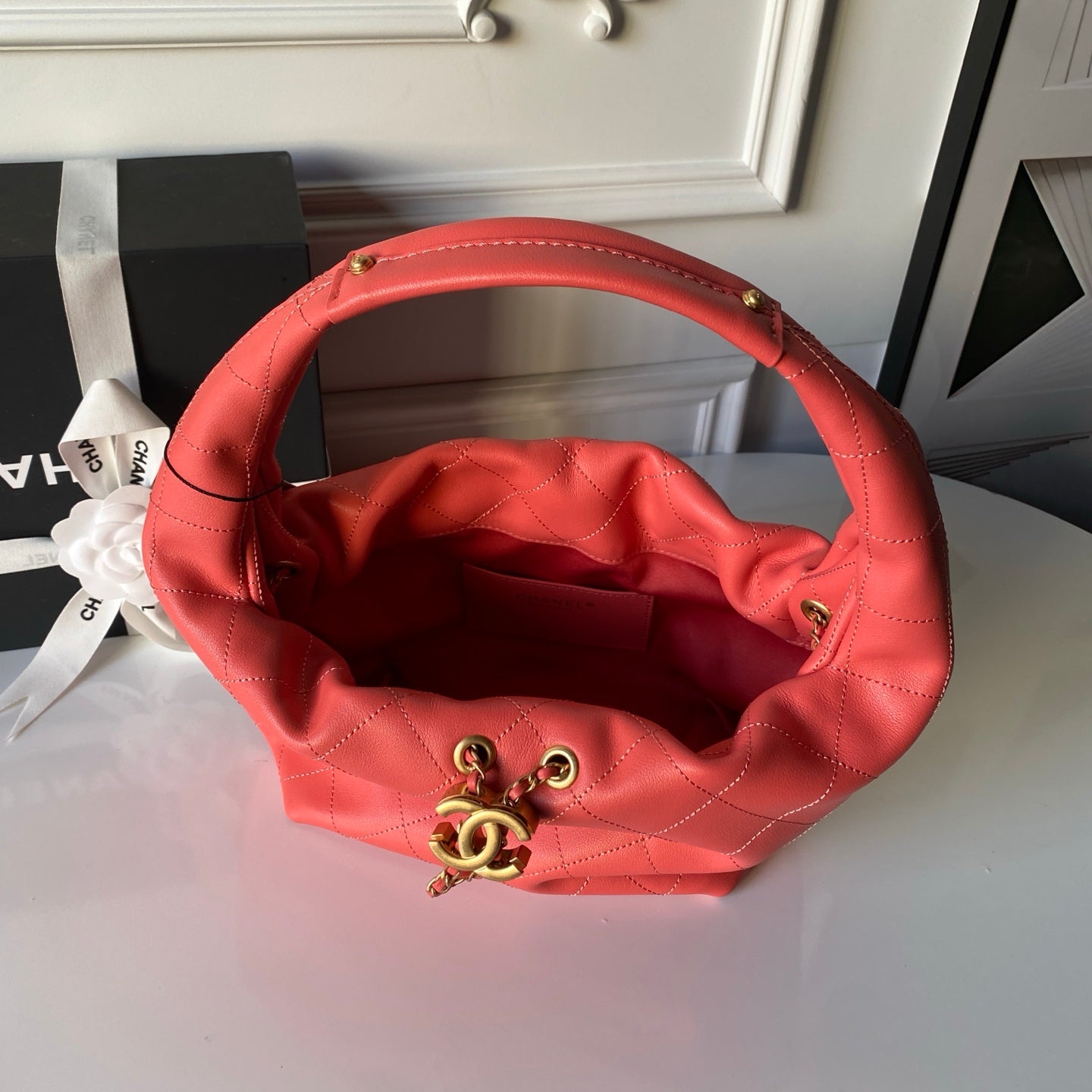 CHANEL 25S HOBO BAG 32 IN CORAL RED LAMBSKIN