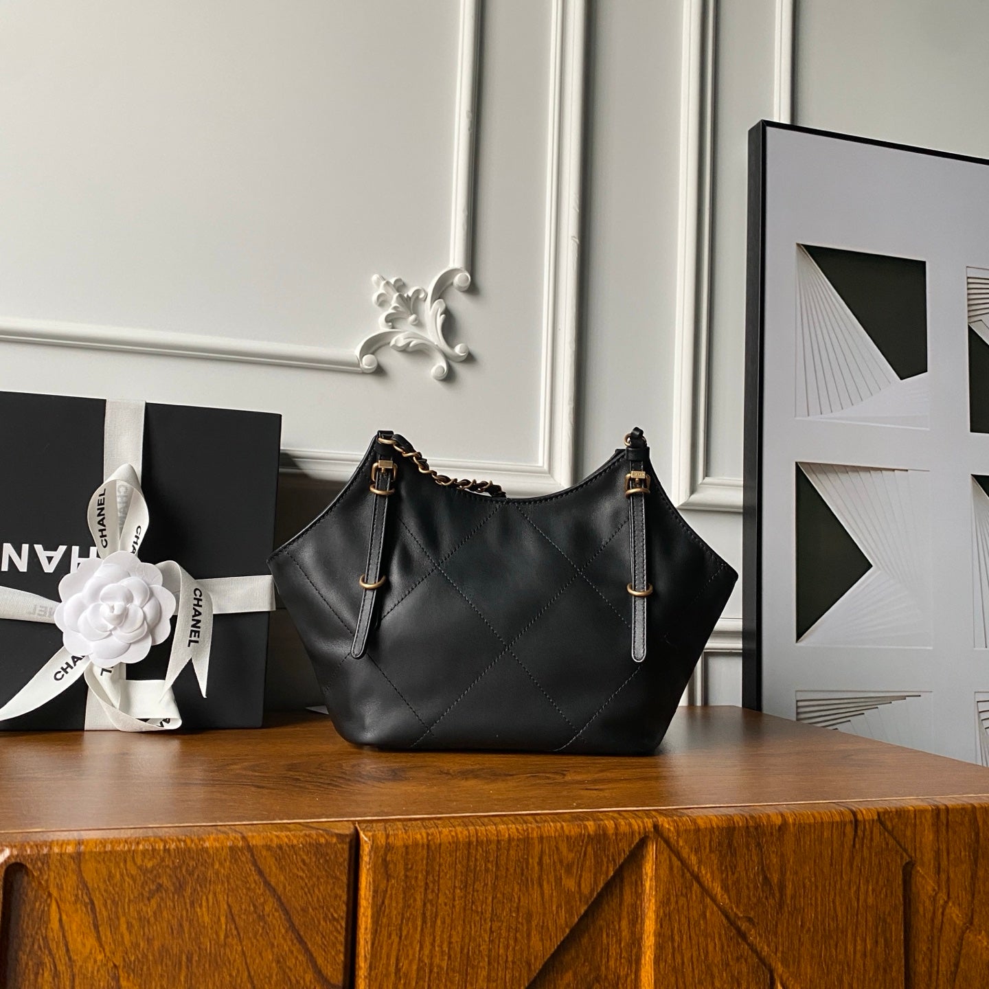 CHANEL 25S TOTE BAG 28 IN BLACK CALFSKIN WITH GOLD HARDWARE