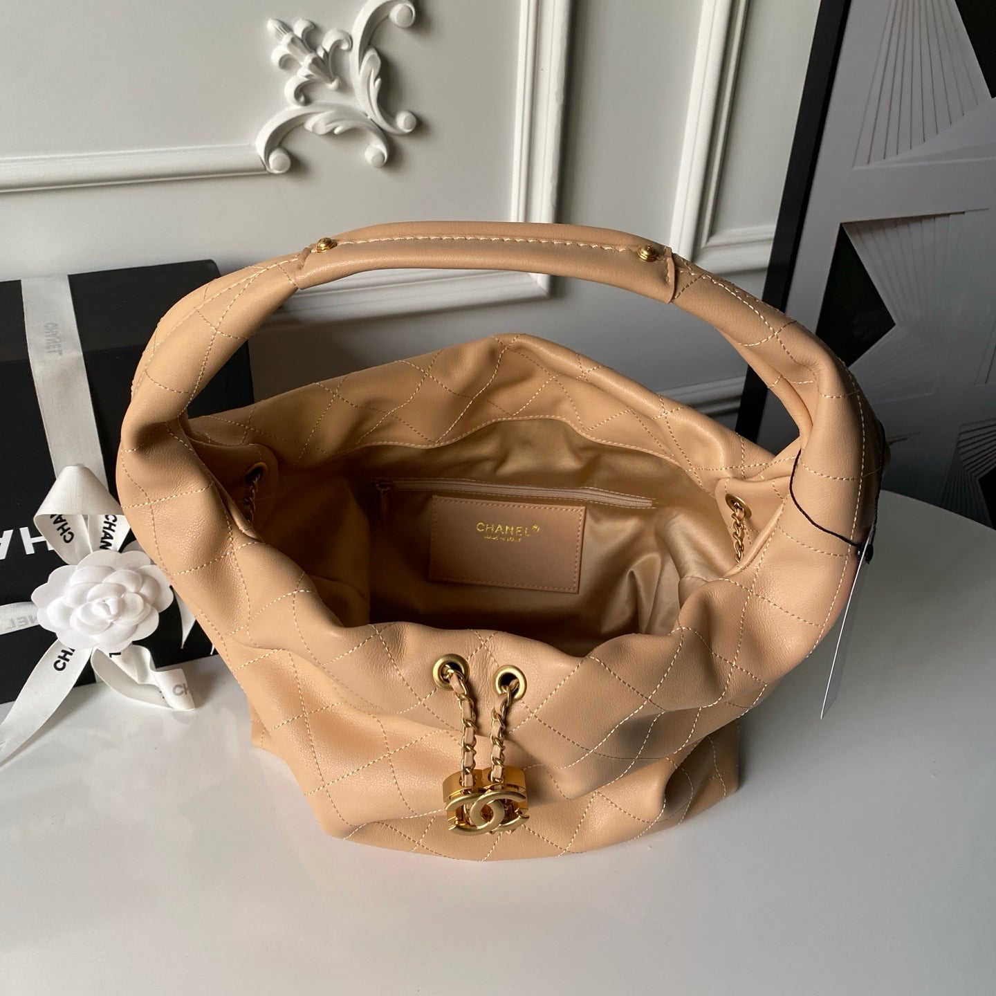 CHANEL 25S HOBO BAG 45 IN WARM SAND BEIGE LAMBSKIN