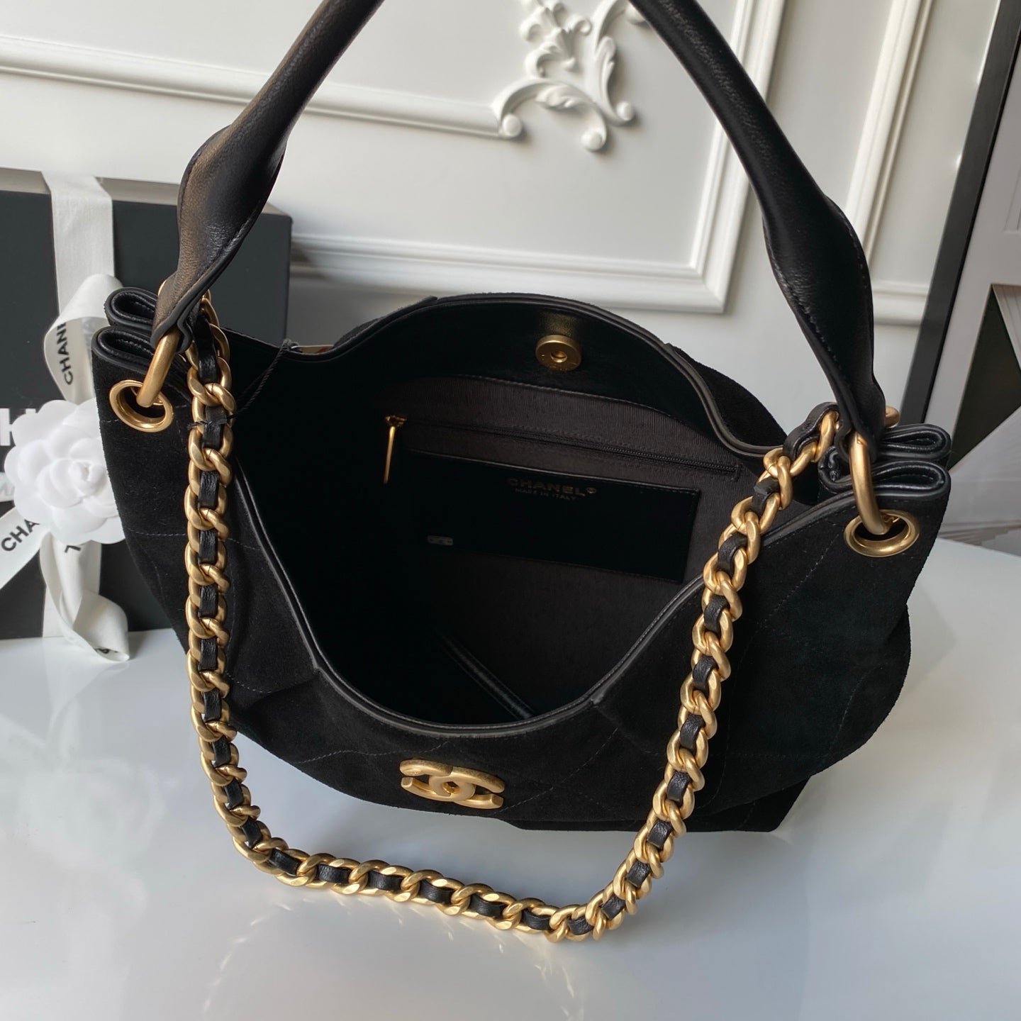 CHANEL 25S HOBO BAG 31 IN BLACK SUEDE WITH GOLD HARDWARE