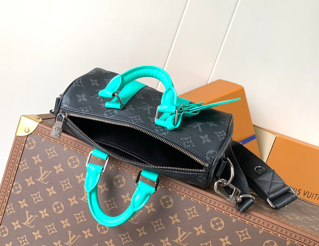LV 25S KEEPALL 25 WITH SHOULDER STRAP IN BLACK AQUA COATED MONOGRAM ECLIPSE CANVAS AND CALFSKIN
