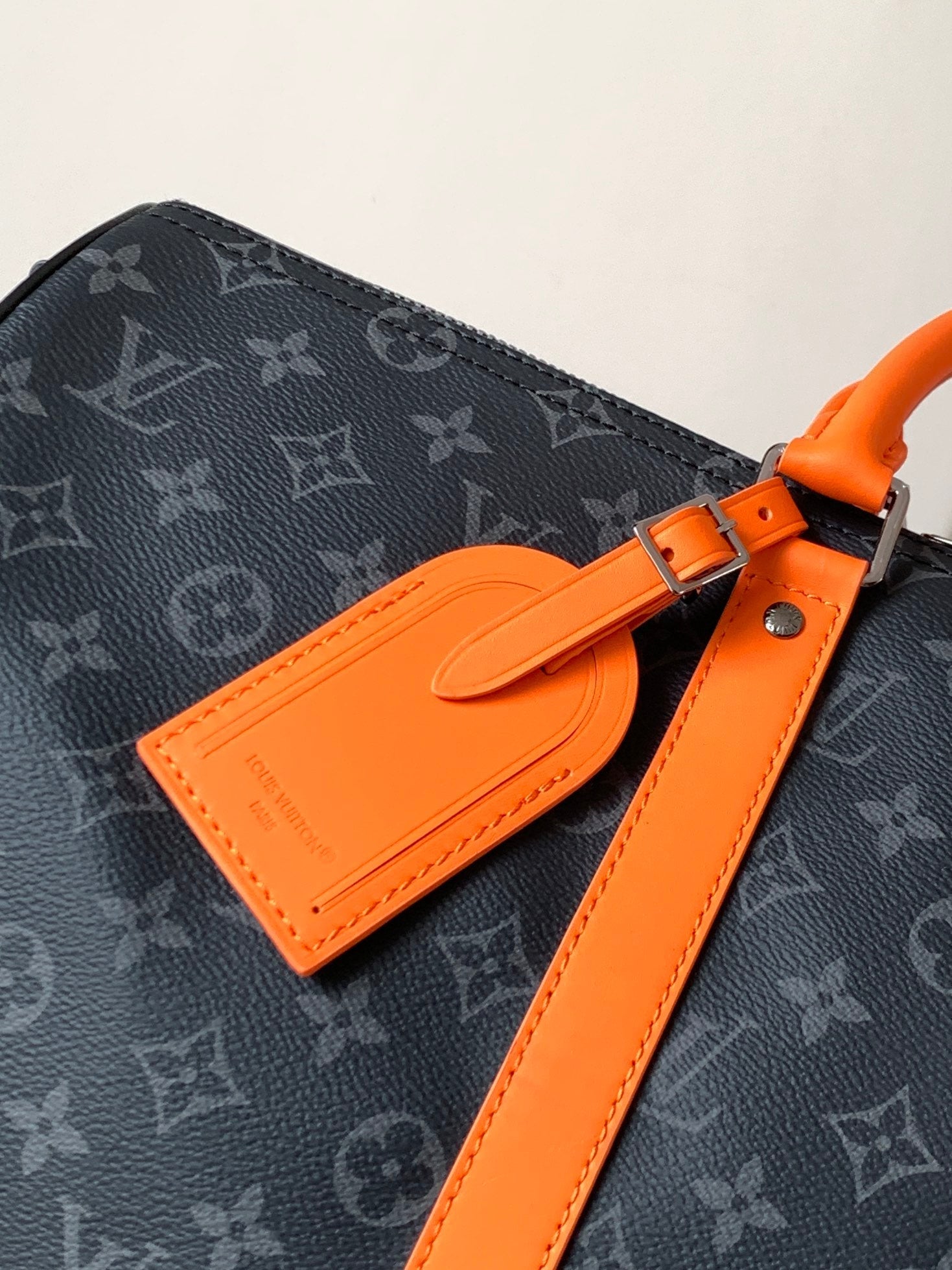 LV 25S KEEPALL 45 WITH SHOULDER STRAP IN BLACK ORANGE COATED MONOGRAM ECLIPSE CANVAS AND CALFSKIN