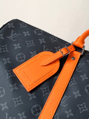LV 25S KEEPALL 45 WITH SHOULDER STRAP IN BLACK ORANGE COATED MONOGRAM ECLIPSE CANVAS AND CALFSKIN