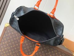 LV 25S KEEPALL 45 WITH SHOULDER STRAP IN BLACK ORANGE COATED MONOGRAM ECLIPSE CANVAS AND CALFSKIN