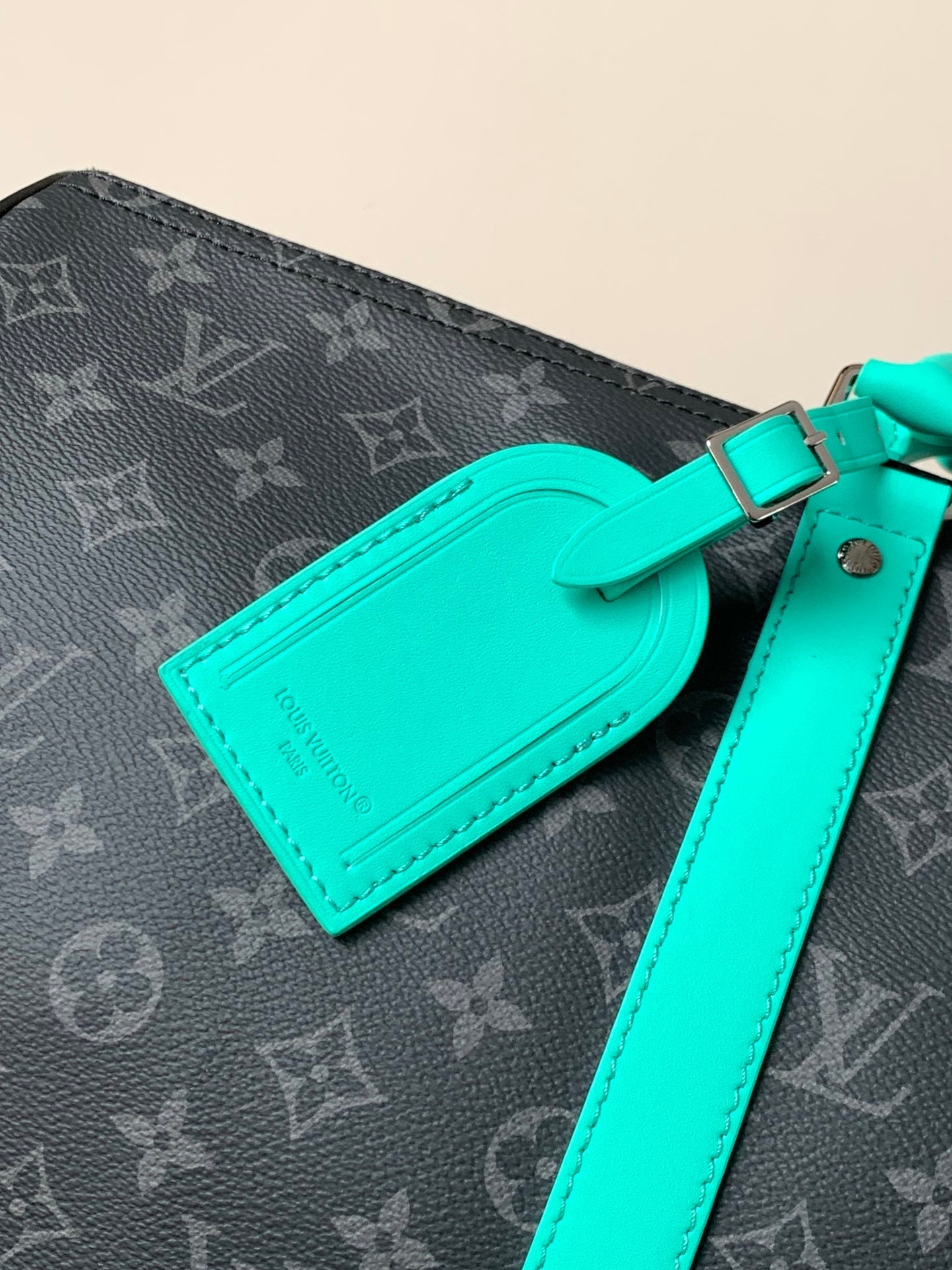 LV 25S KEEPALL 50 WITH SHOULDER STRAP IN BLACK AQUA COATED MONOGRAM ECLIPSE CANVAS AND CALFSKIN