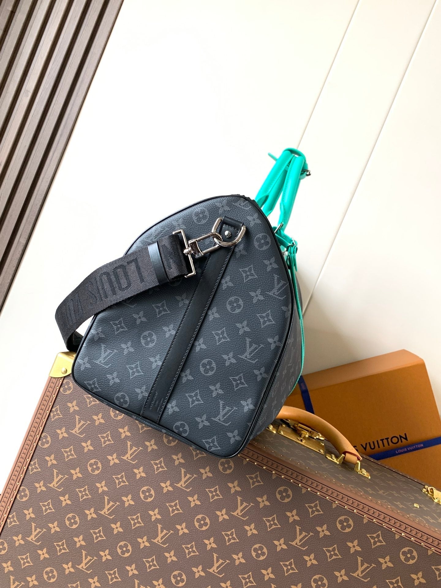 LV 25S KEEPALL 50 WITH SHOULDER STRAP IN BLACK AQUA COATED MONOGRAM ECLIPSE CANVAS AND CALFSKIN