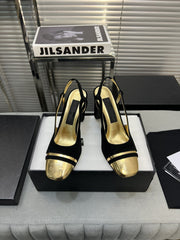 slingback black suede gold metalic lambskin square toe 9.5