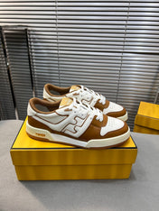 FENDI MATCH LOW TOPS IN RUSSET BROWN MIX WHITE CALFSKIN AND MESH