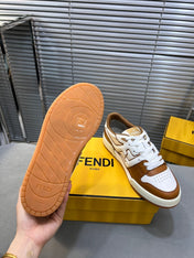FENDI MATCH LOW TOPS IN RUSSET BROWN MIX WHITE CALFSKIN AND MESH