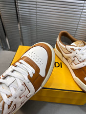 FENDI MATCH LOW TOPS IN RUSSET BROWN MIX WHITE CALFSKIN AND MESH
