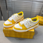 FENDI MATCH LOW TOPS IN BRIGHT YELLOW MIX WHITE CALFSKIN AND MESH