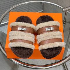 HM 25S SANDAL IN BEIGE WOOL AND BROWN LAMBSKIN WITH SILVER HARDWARE