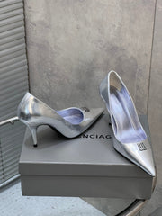 BALENCIAGA 25S HIGH-HEEL SHOES 85 MM IN SILVER COW LEATHER