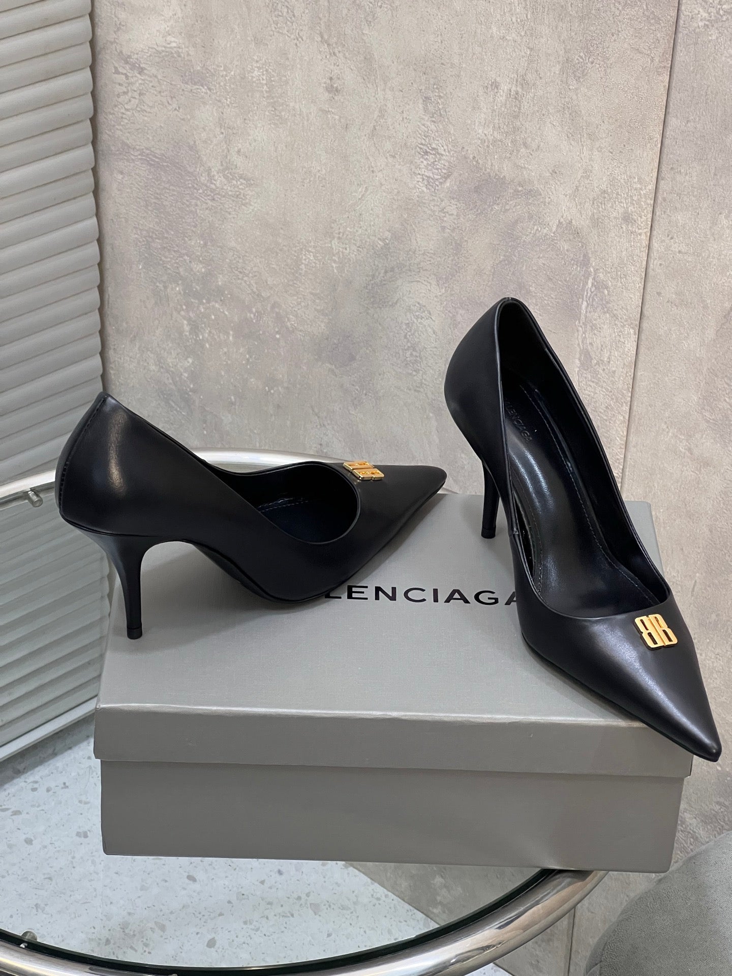 BALENCIAGA 25S HIGH-HEEL SHOES 85 MM IN BLACK COW LEATHER WITH GOLD HARDWARE