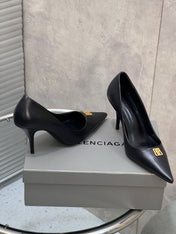 BALENCIAGA 25S HIGH-HEEL SHOES 85 MM IN BLACK COW LEATHER WITH GOLD HARDWARE