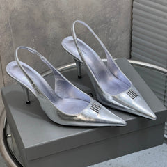 BALENCIAGA 25S HIGH-HEEL SLINGBACK 85 MM IN SILVER COW LEATHER