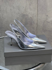 BALENCIAGA 25S HIGH-HEEL SLINGBACK 85 MM IN SILVER COW LEATHER