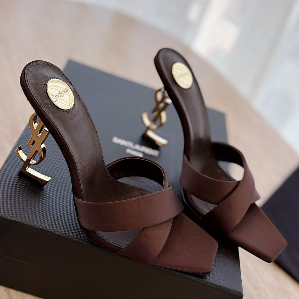 OPYUM OPEN TOE HIGH 10 CM MULES IN CHOCOLATE BROWN CALFSKIN