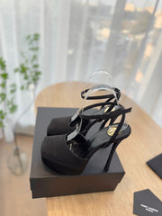 LA SCANDALE HIGH 14 CM PLATFORM SANDALS IN BLACK SATIN CREPE