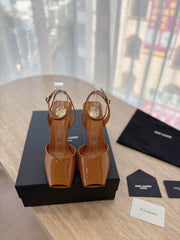 LA SCANDALE HIGH 10 CM WEDGE SANDALS IN BRONZE BROWN PATENT LEATHER