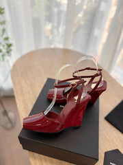 LA SCANDALE HIGH 10 CM WEDGE SANDALS IN CRIMSON RED PATENT LEATHER