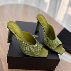 HIGH HEEL BLONDE MULE 10 CM IN OLIVE GREEN SATIN WITH RHINESTONES