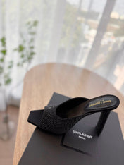 HIGH HEEL BLONDE MULE 10 CM IN BLACK SATIN WITH RHINESTONES
