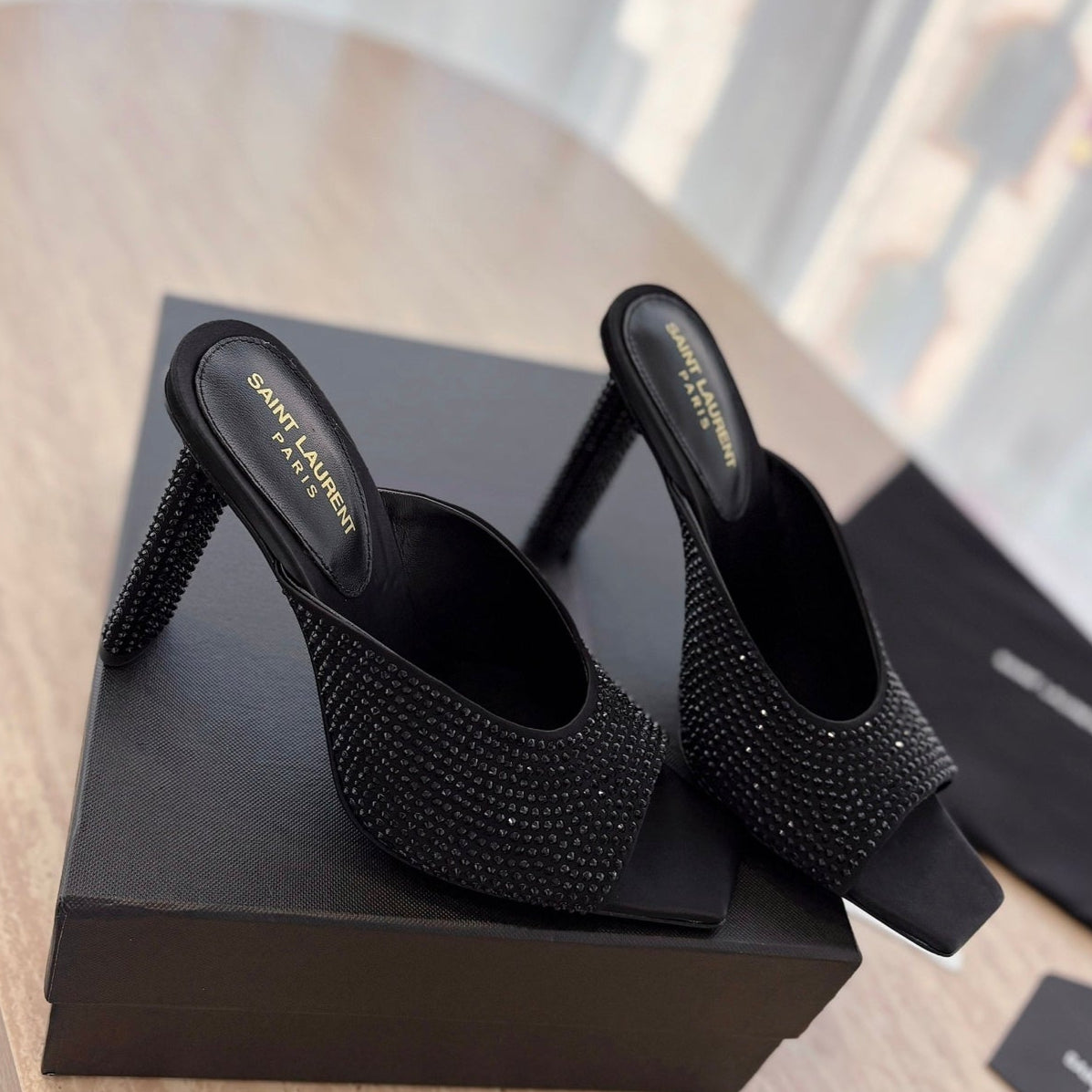 HIGH HEEL BLONDE MULE 10 CM IN BLACK SATIN WITH RHINESTONES