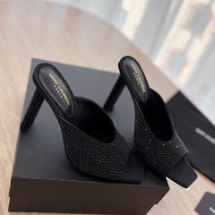 HIGH HEEL BLONDE MULE 10 CM IN BLACK SATIN WITH RHINESTONES