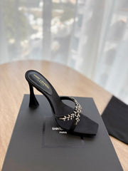 RAV HIGH HEEL 10 CM EMBELLISHED BLACK SATIN MULES