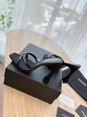 RAV HIGH HEEL 10 CM EMBELLISHED BLACK SATIN MULES